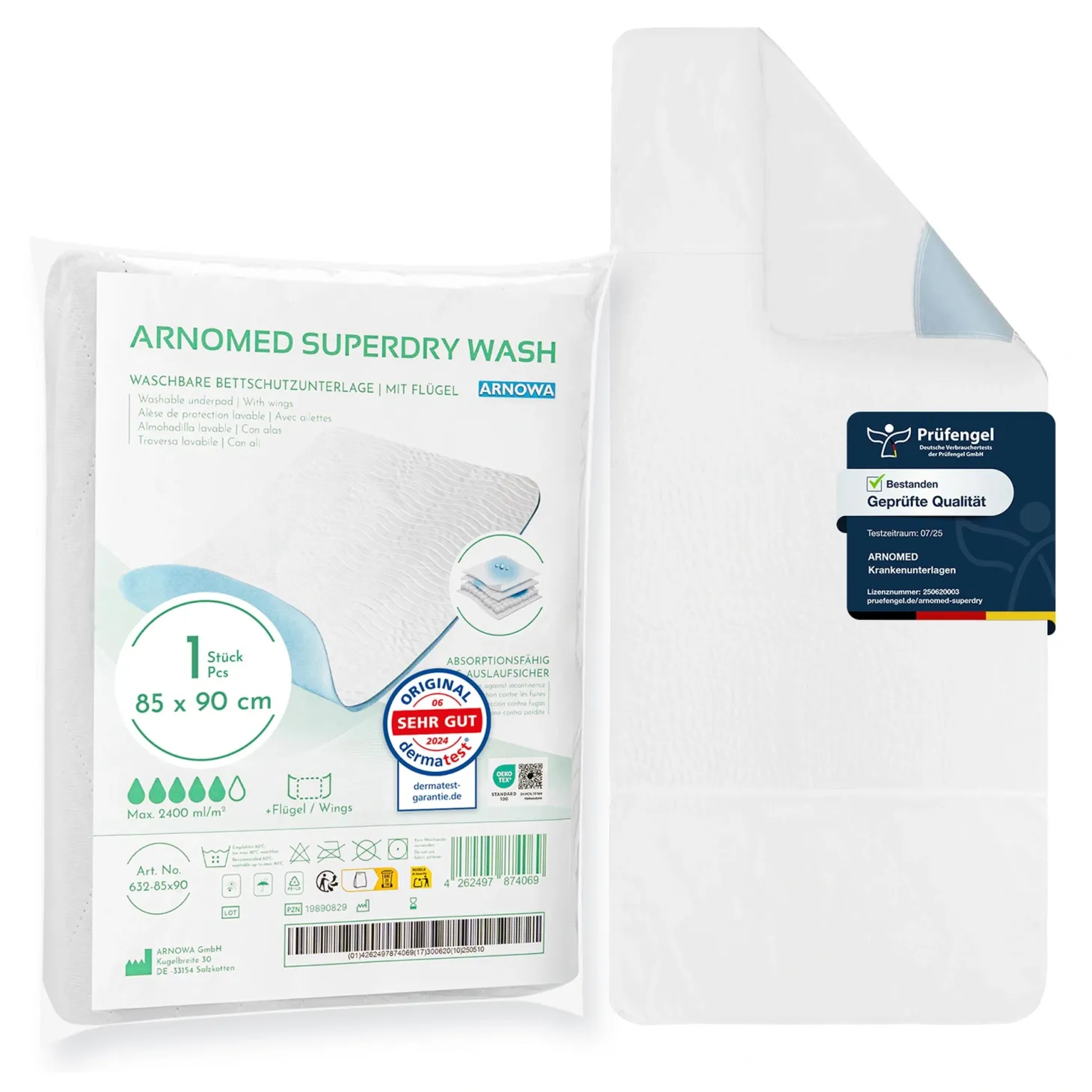 ARNOMED SUPERDRY WASH Waschbare Bettschutzunterlage mit Flügeln, 85 x 90 cm, 1 Stück