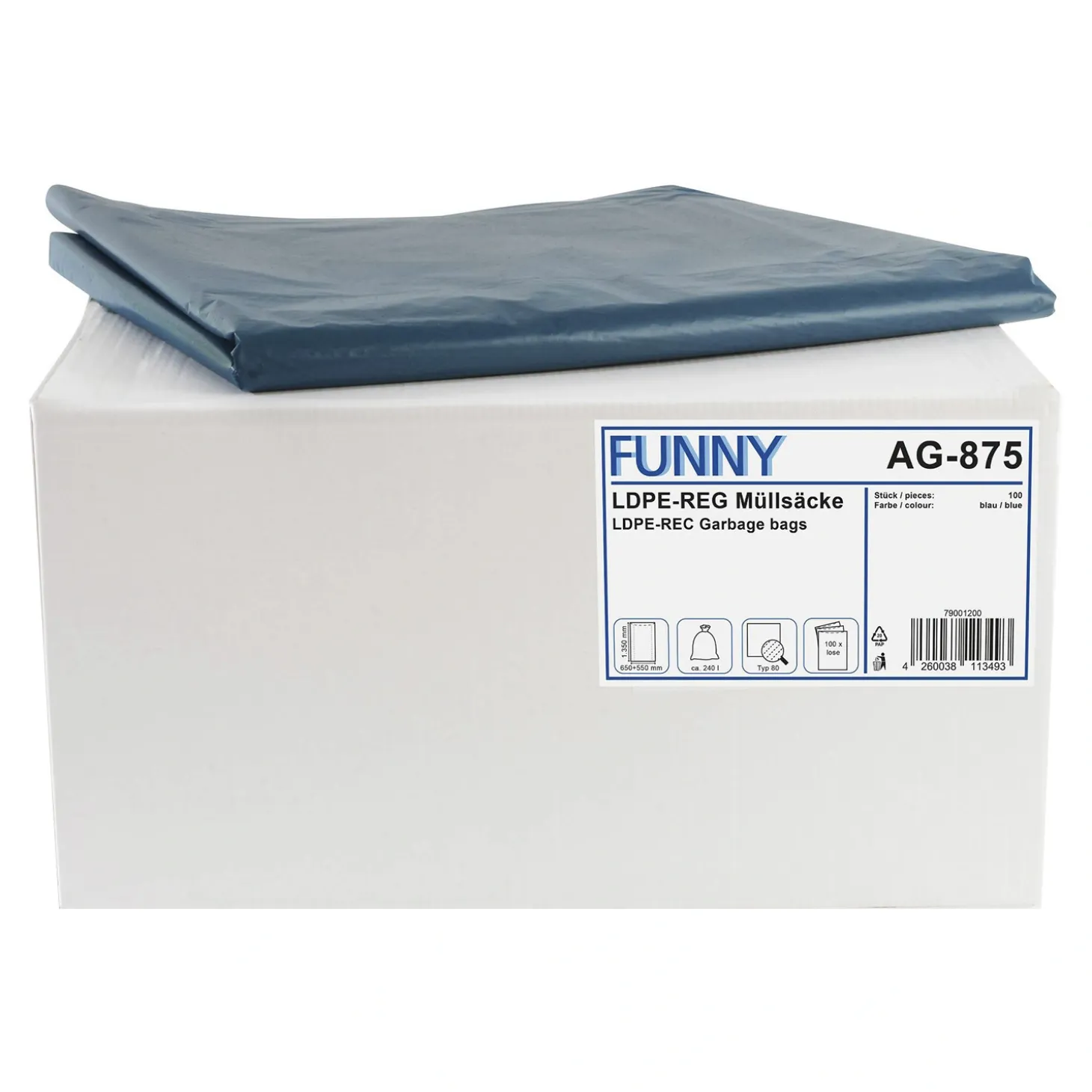 FUNNY LDPE-Regenerat Müllsäcke lose mit Seitenfalten 240 Liter, blau, 50 my (Typ 80)