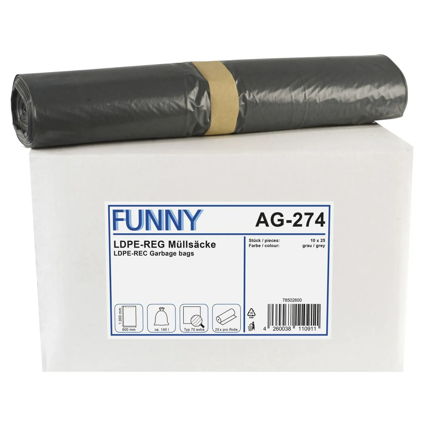 FUNNY LDPE-Regenerat Müllsäcke 140 Liter, grau, 44 my (Typ 70)