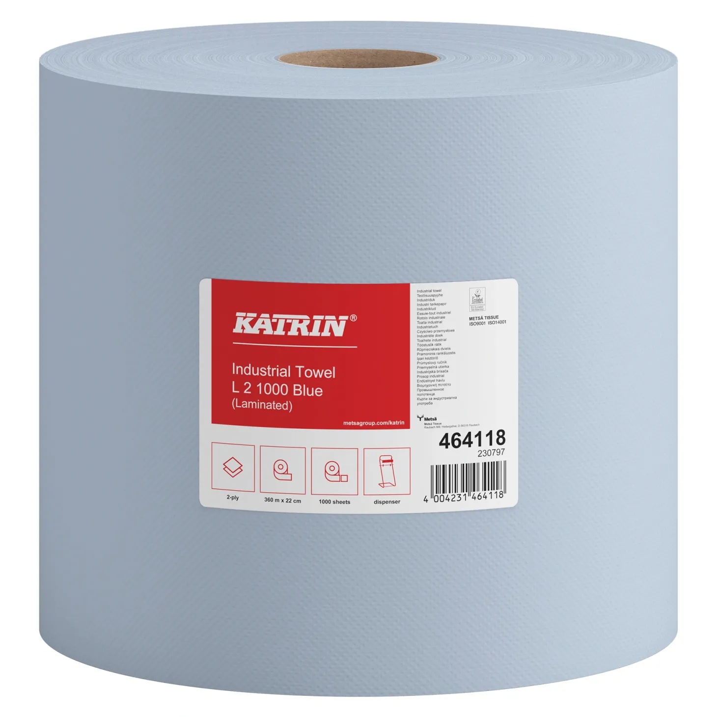 Katrin 464118 L Industrieputztuchrolle mit Zwischenverleimung blau, 2-lagig, 22 cm breit, 1000 Tücher