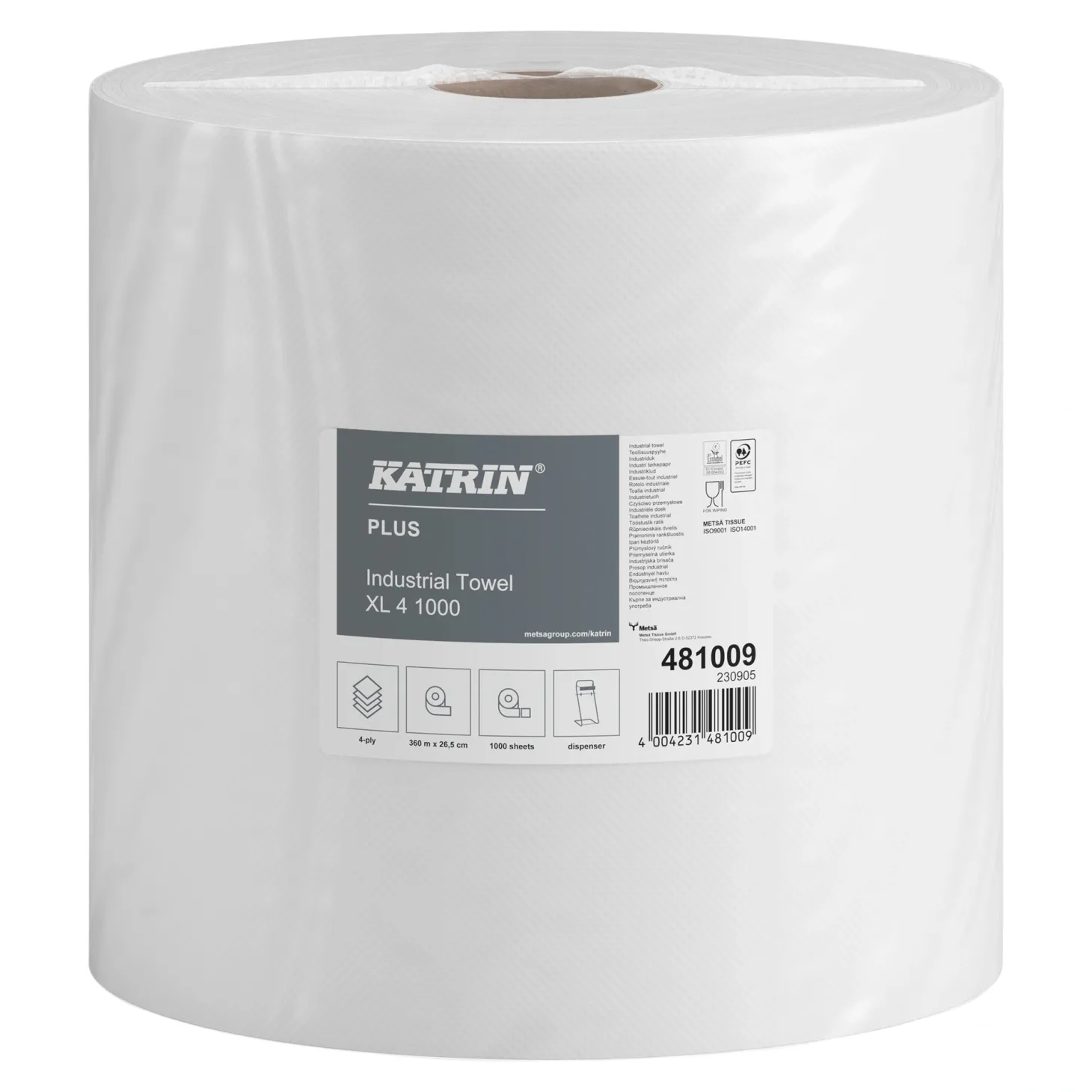 Katrin 481009 XL Industrieputztuchrolle, 4-lagig, 26,5 cm breit, 1000 Tücher