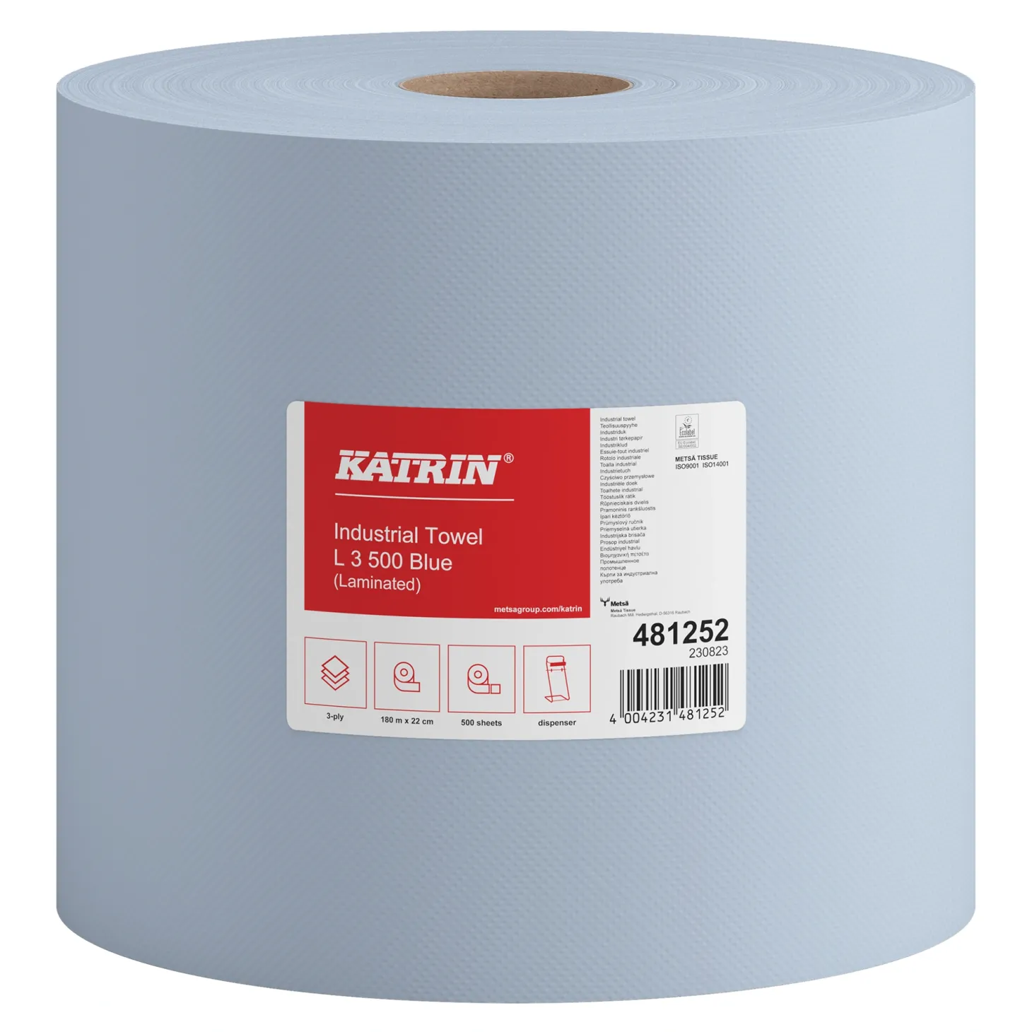 Katrin 481252 XXL Industrieputztuchrolle mit Zwischenverleimung blau, 3-lagig, 22 cm breit, 500 Tücher