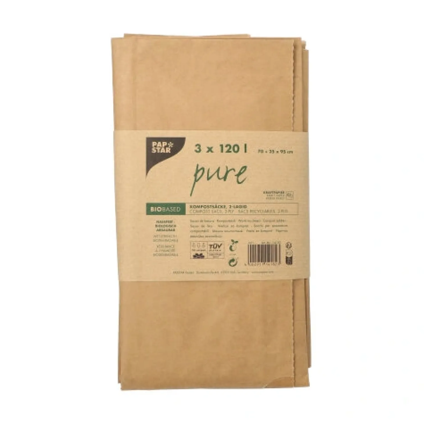 PAPSTAR Abfallsäcke aus Papier "pure" 120 l 95 cm x 70 cm x 25 cm braun , 2-lagig