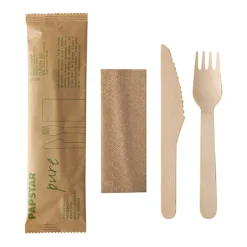 PAPSTAR Besteckset, Holz "pure" : Messer, Gabel, Serviette in Papierbeutel, 50 x 1 Stück