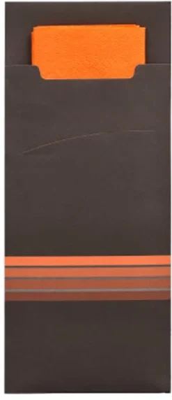 PAPSTAR Bestecktaschen 20 cm x 8,5 cm schwarz/orange "Stripes" inkl. farbiger Serviette 33 x 33 cm 2-lag.