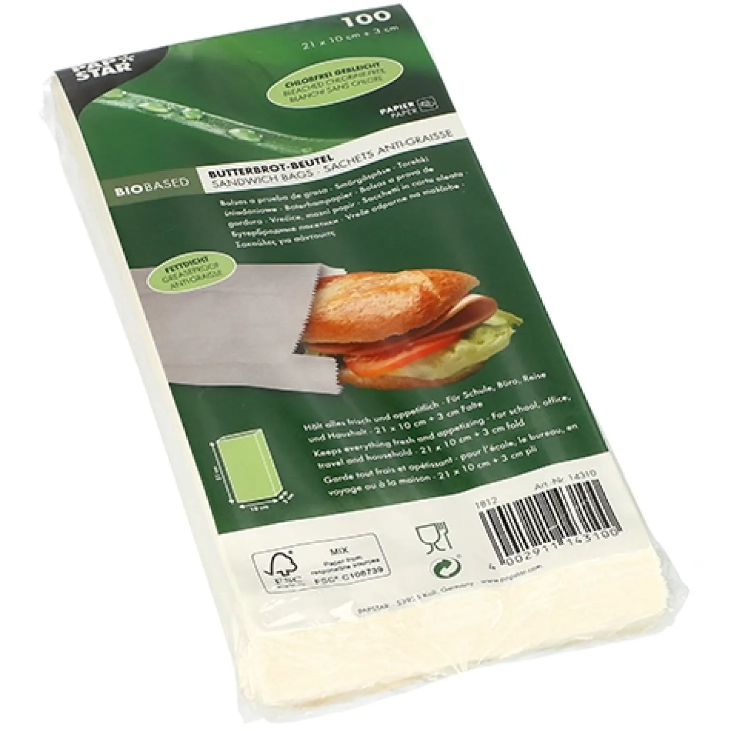 PAPSTAR Butterbrotbeutel 21 cm x 10 cm x 3 cm weiß , fettdicht, 30 x 100 Stück