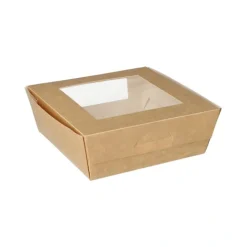 PAPSTAR Feinkostboxen, Pappe mit Sichtfenster aus PLA eckig 750 ml 14 cm x 14 cm x 5 cm braun
