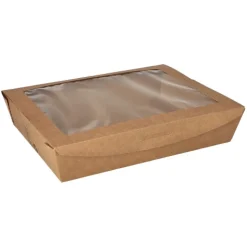PAPSTAR Feinkostboxen, Pappe mit Sichtfenster aus PLA "pure" eckig 1500 ml 4,5 cm x 21 cm x 16 cm braun "100% Fair"