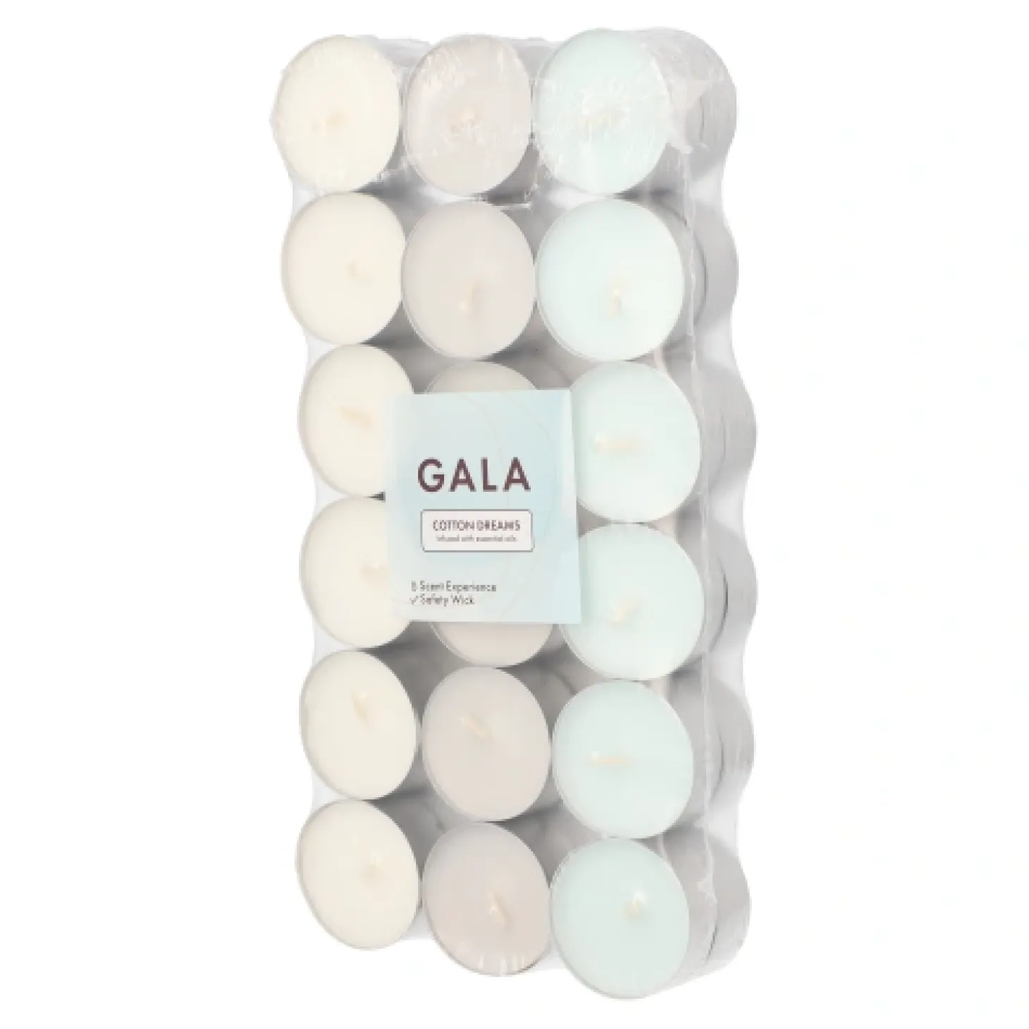PAPSTAR "GALA" Duftlichte Ø 3,8 cm, 1,7 cm weiß - Cotton Dreams "Ton in Ton", 8 x 36 Stück