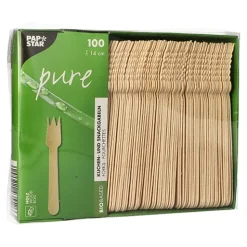 PAPSTAR Kuchen- und Snackgabeln, Holz "pure" 14 cm mit einseitig gezacktem Rand