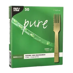 PAPSTAR Kuchen- und Snackgabeln, Bambus "pure" 14,5 cm mit einseitig gezacktem Rand
