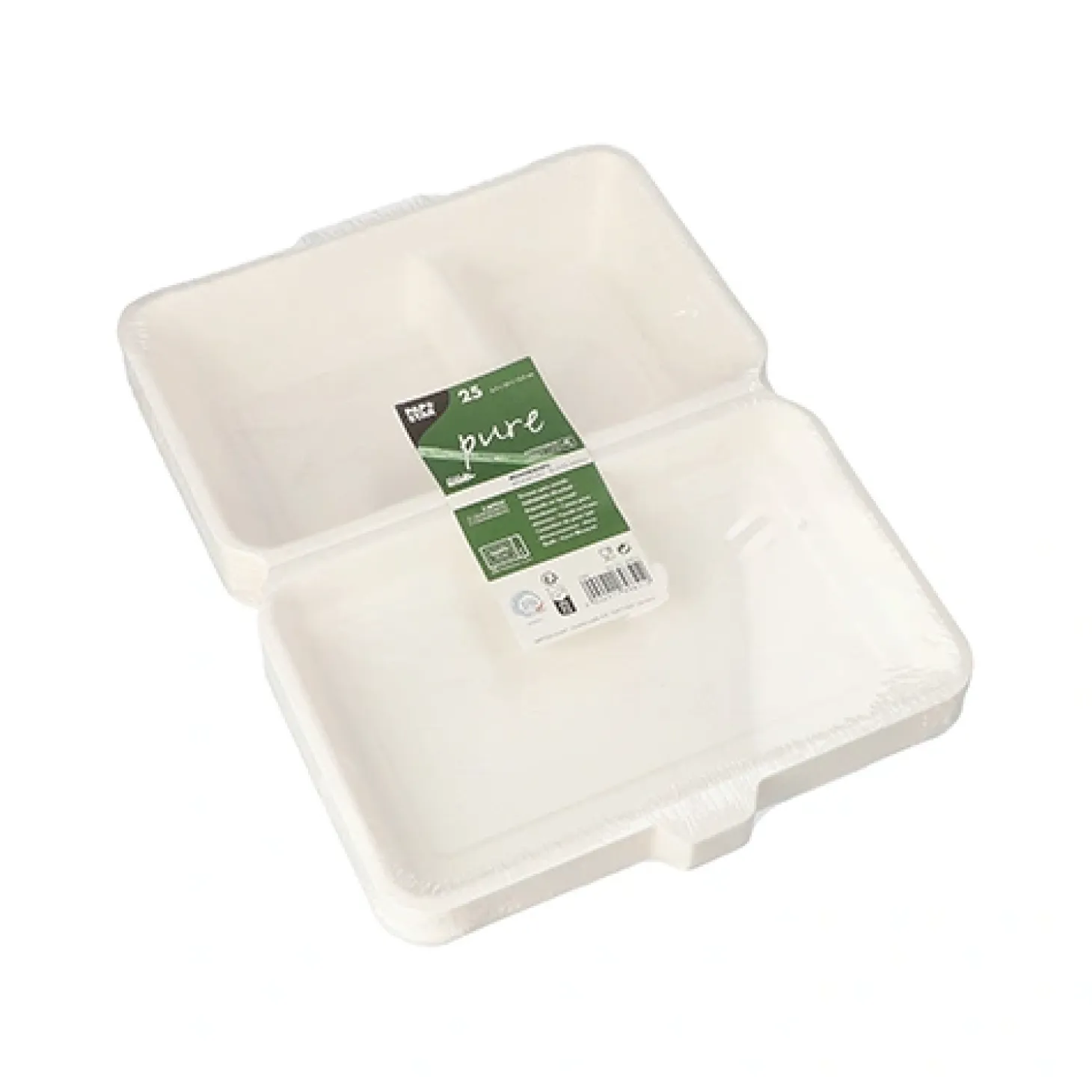 PAPSTAR Menüboxen, Zuckerrohr "pure" 2-geteilt 6,5 cm x 24 cm x 15,5 cm weiß