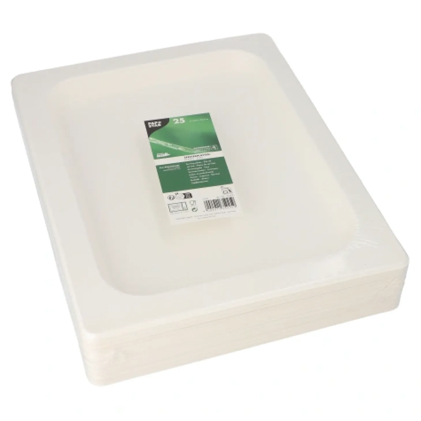PAPSTAR Servierplatten, Zuckerrohr GN 1/2 2 cm x 32,4 cm x 26,4 cm weiß, 4 x 25 Stück