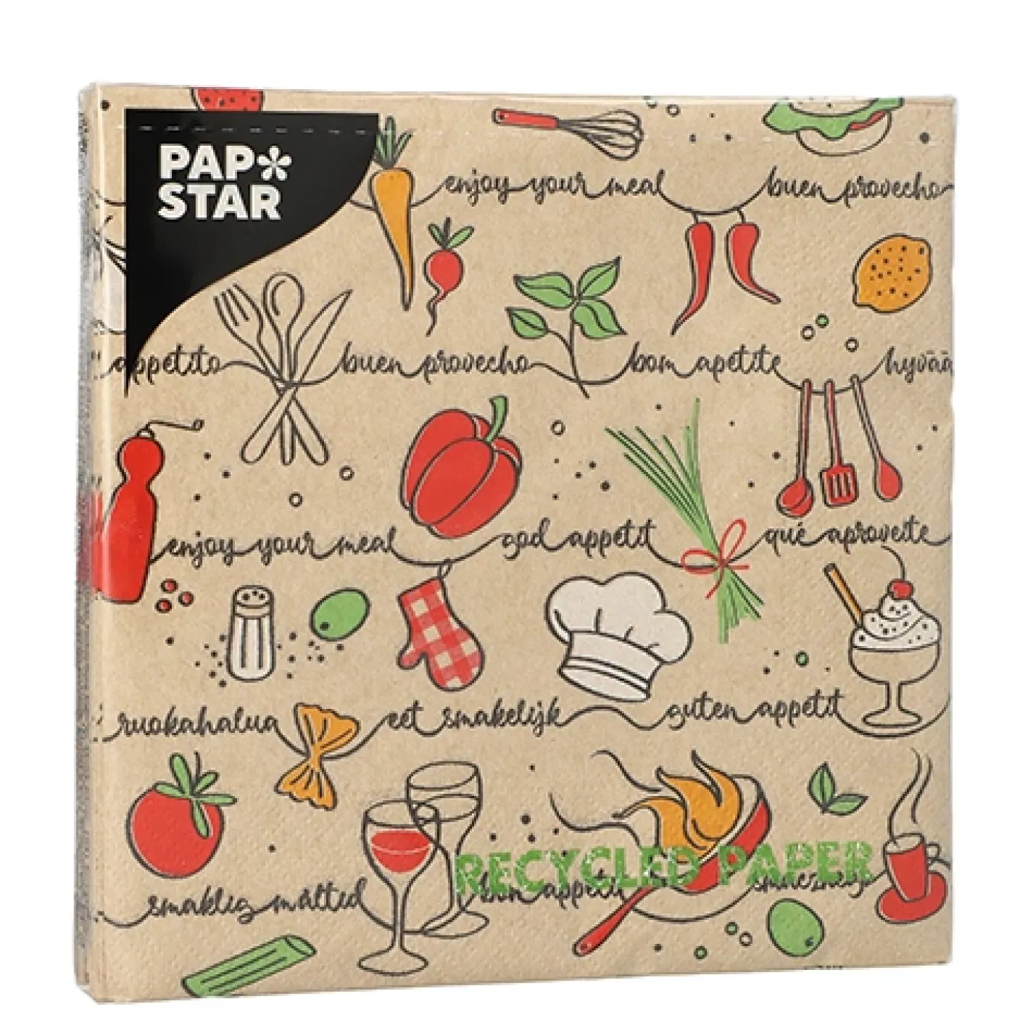 PAPSTAR Servietten, 3-lagig 1/4-Falz 33 cm x 33 cm natur "Enjoy your meal" aus recyceltem Papier