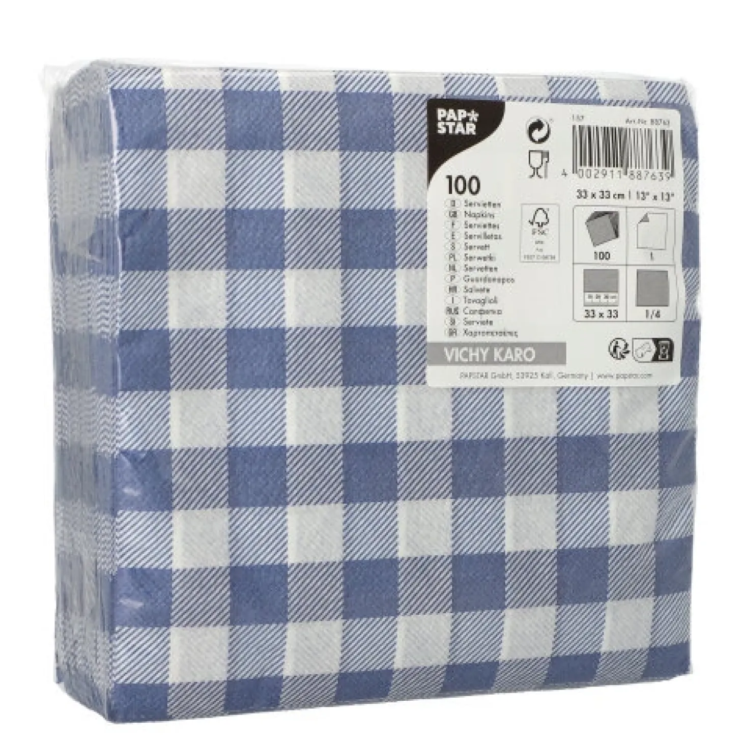 PAPSTAR Servietten, 1-lagig 1/4-Falz 33 cm x 33 cm blau/weiß "Vichy Karo"