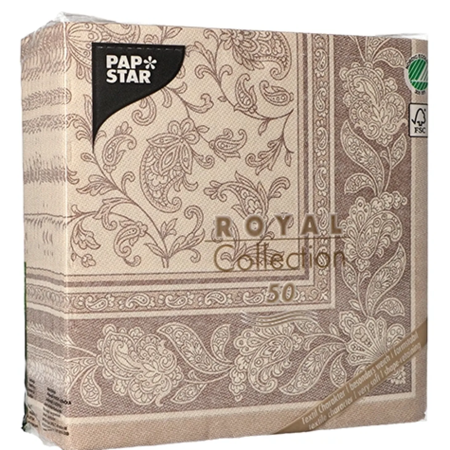 PAPSTAR Servietten "ROYAL Collection" 1/4-Falz 40 cm x 40 cm mocca "Ornaments", 5 x 50 Stück