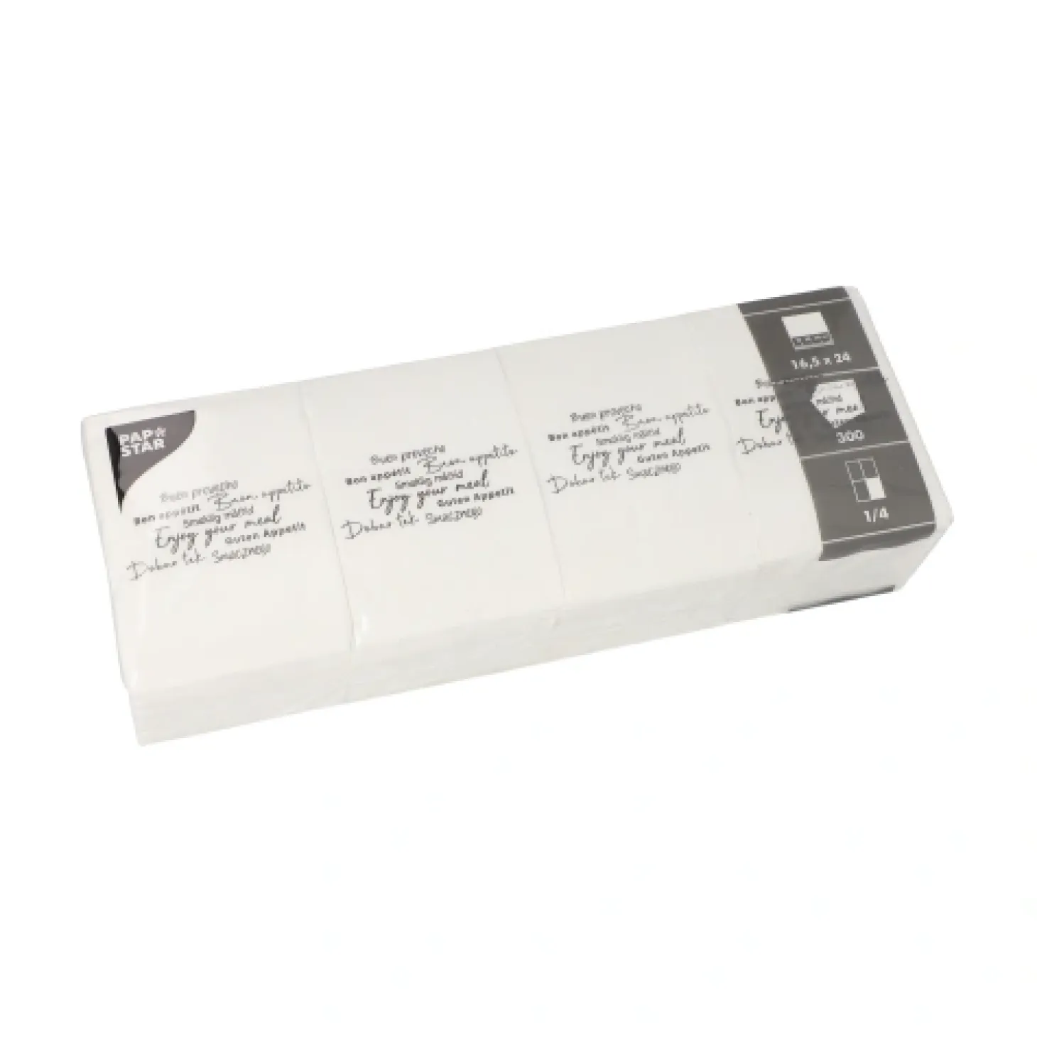 PAPSTAR Snackservietten "DAILY Collection" 1/4-Falz 24 cm x 16,5 cm weiß "Enjoy your Meal", 6 x 300 Stück