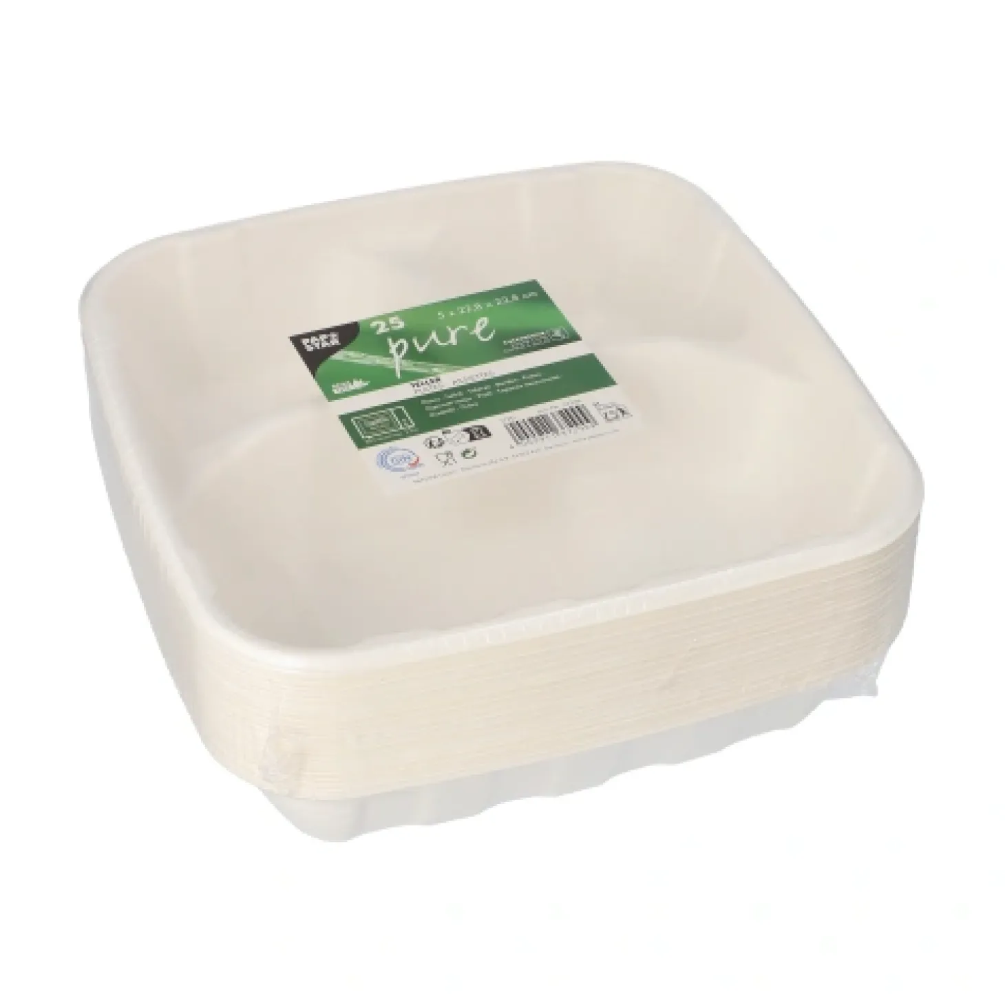 PAPSTAR Teller Zuckerrohr "pure" 3-geteilt 5 cm x 22,8 cm x 22,8 cm, 4 x 25 Stück