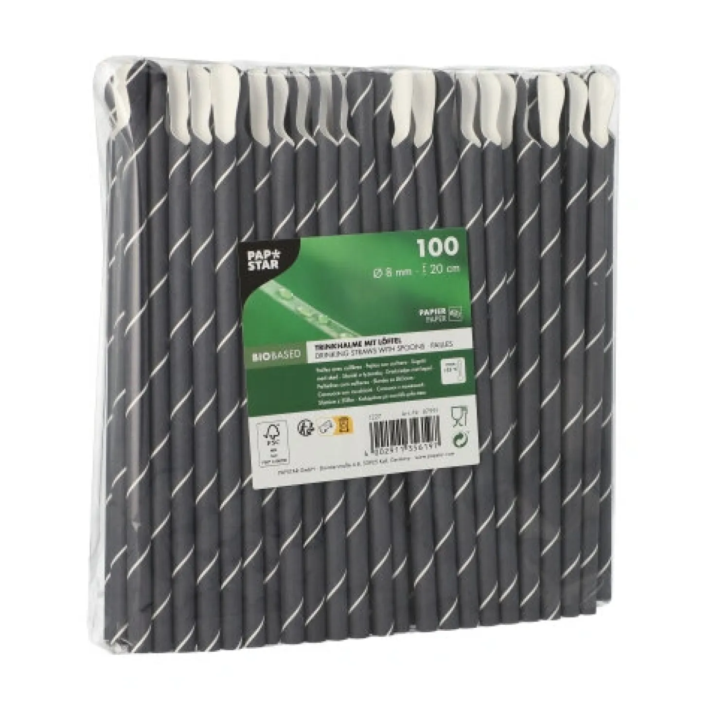 PAPSTAR Trinkhalme mit Löffel, Papier Ø 8 mm, 20 cm schwarz/weiß "Stripes"
