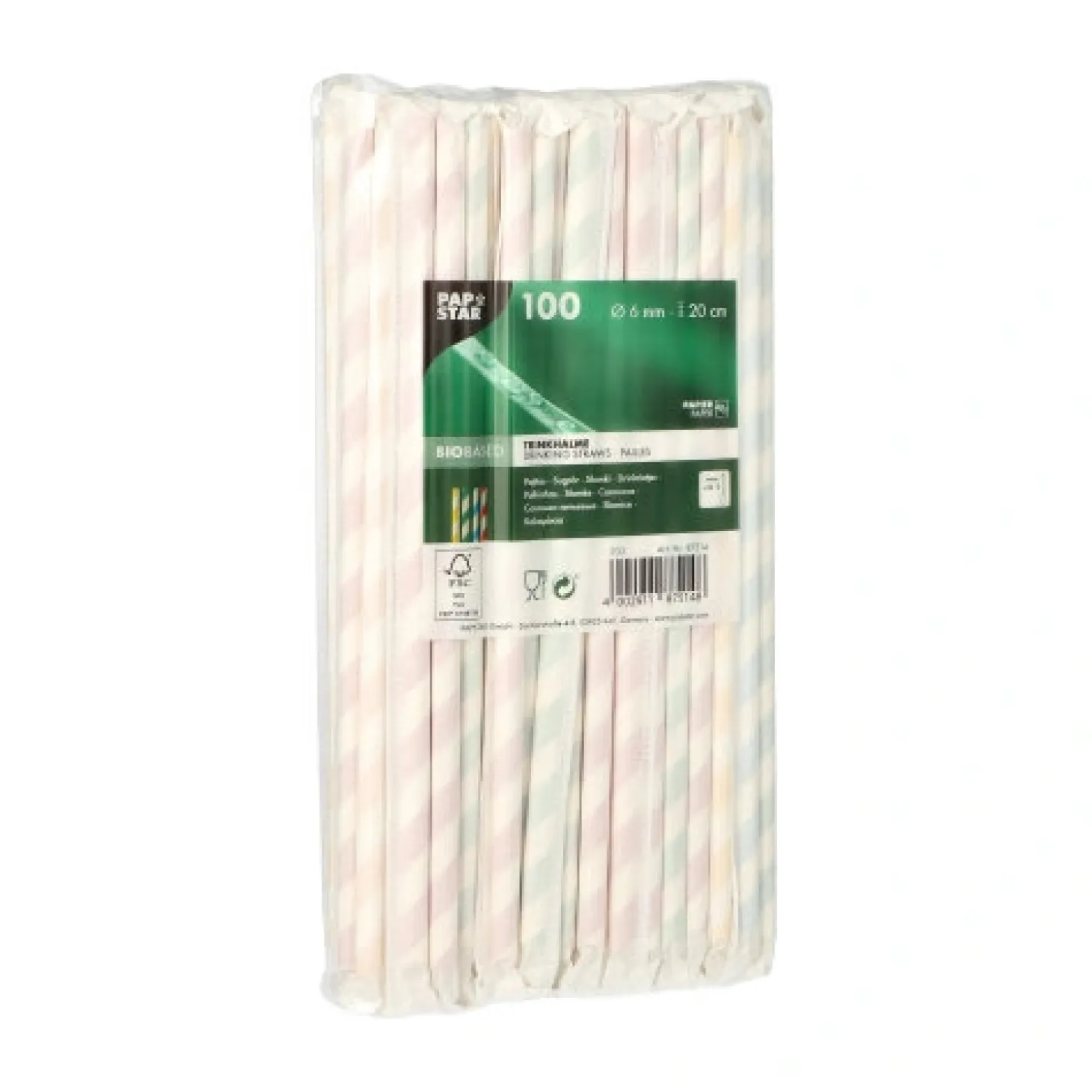 PAPSTAR Trinkhalme, Papier Ø 6 mm, 20 cm farbig sortiert "Stripes" einzeln gehüllt