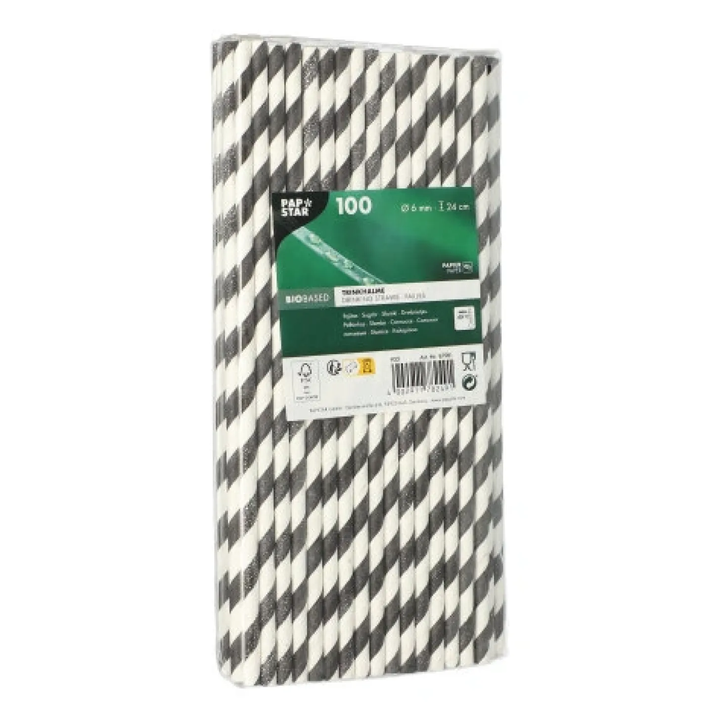 PAPSTAR Trinkhalme, Papier Ø 6 mm, 24 cm schwarz/weiß "Stripes"