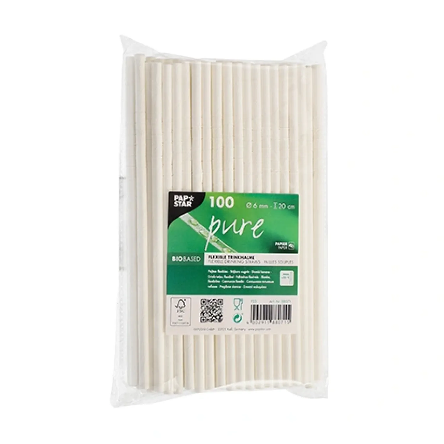 PAPSTAR Trinkhalme Papier "pure" Ø 6 mm, 20 cm weiß flexibel