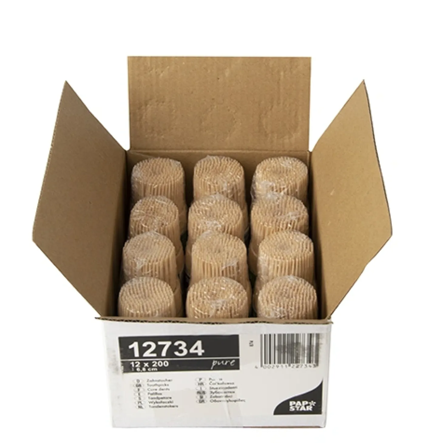 PAPSTAR Zahnstocher, Holz "pure" rund 6,8 cm im Spender aus Holz, 12 x 200 Stück
