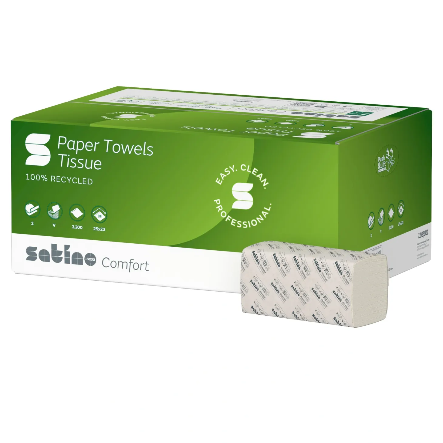 Satino by Wepa Comfort Papierhandtücher Tissue PT3, Recycling, V-Falz (ZZ), 25x23, 2-lagig, hochweiß