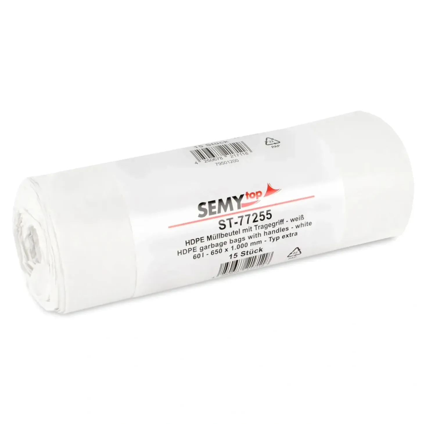 SEMYtop HDPE Müllbeutel mit Tragegriff 60 Liter, weiß, 14 my (Typ extra)