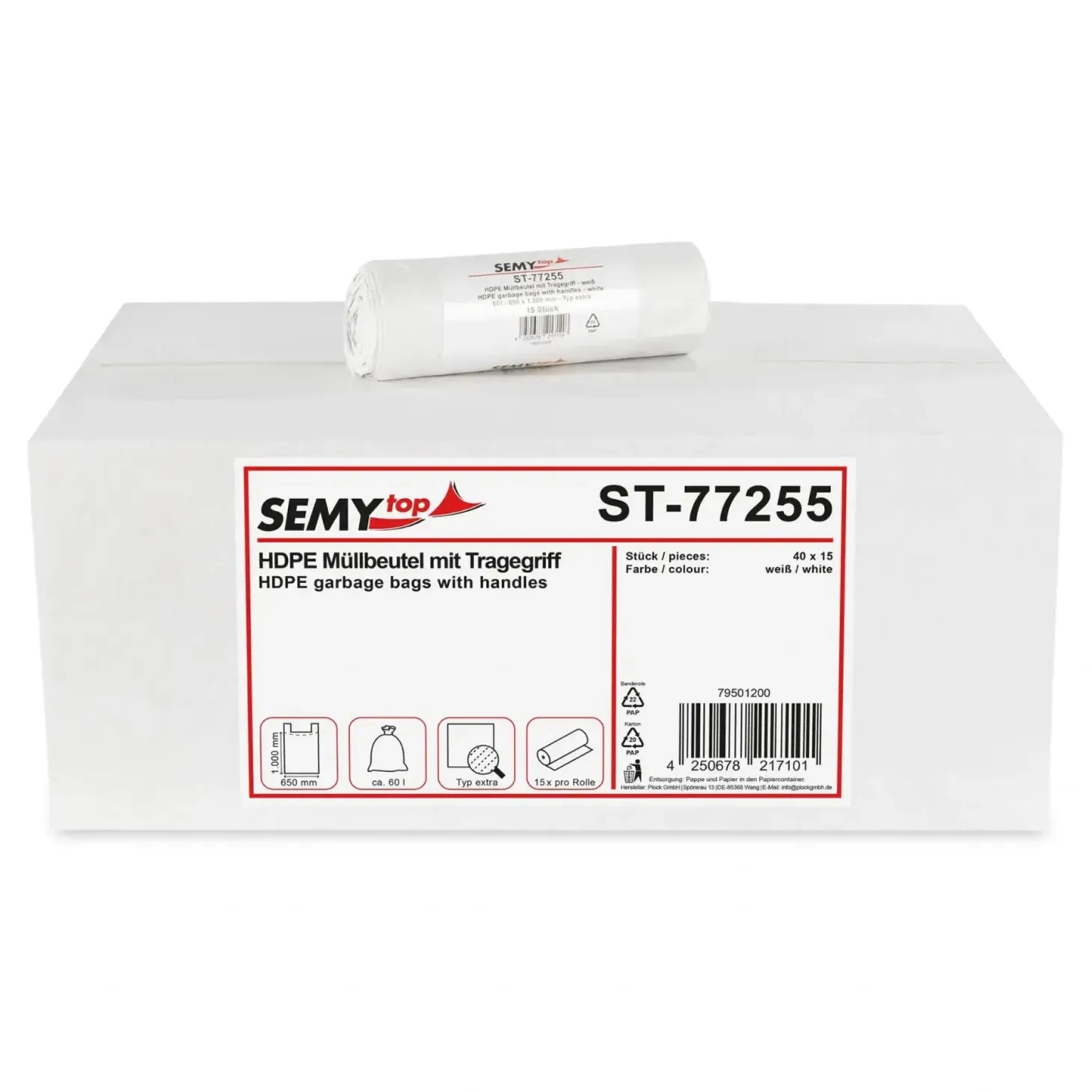 SEMYtop HDPE Müllbeutel mit Tragegriff 60 Liter, weiß, 14 my (Typ extra)