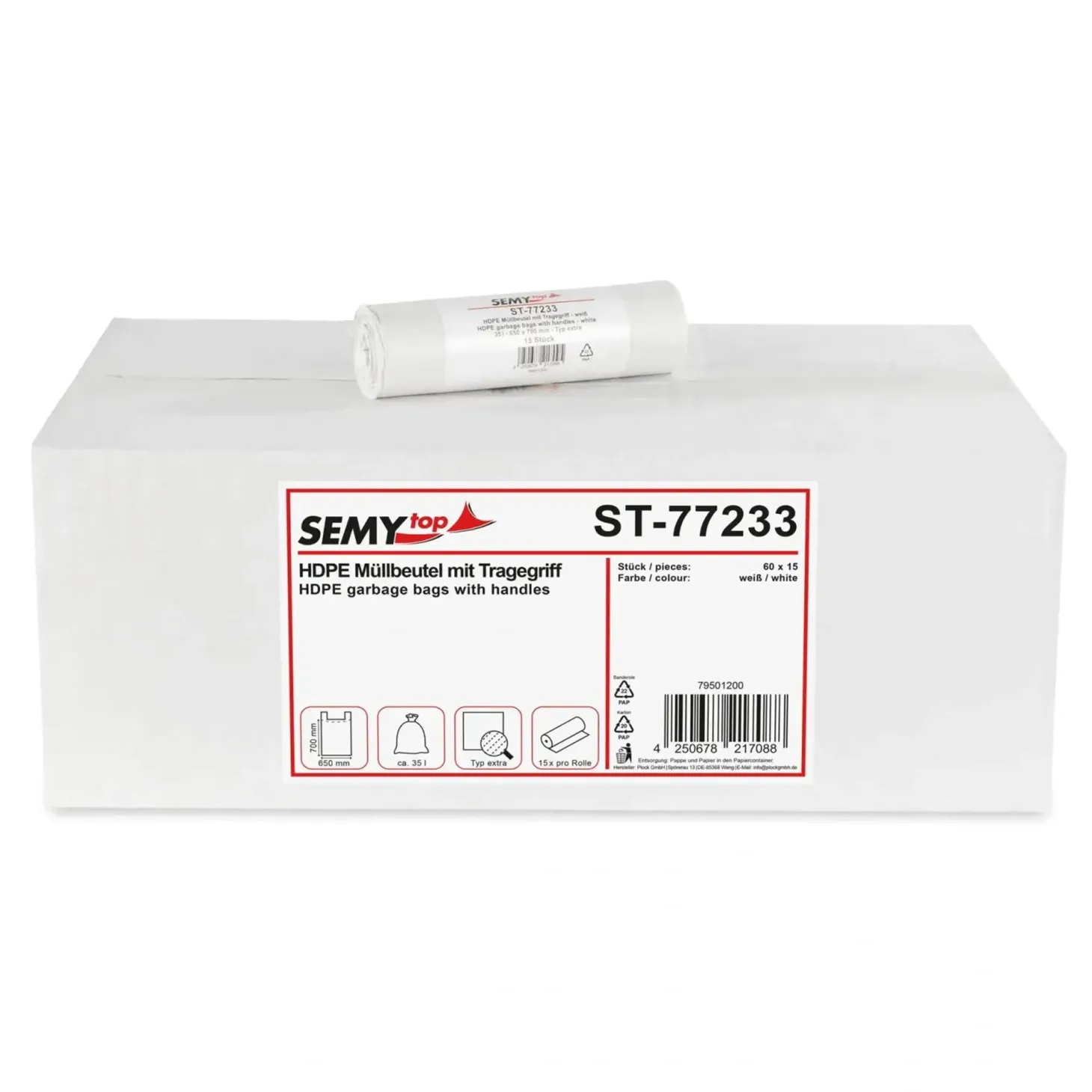 SEMYtop HDPE Müllbeutel mit Tragegriff 35 Liter, weiß, 14 my (Typ extra)