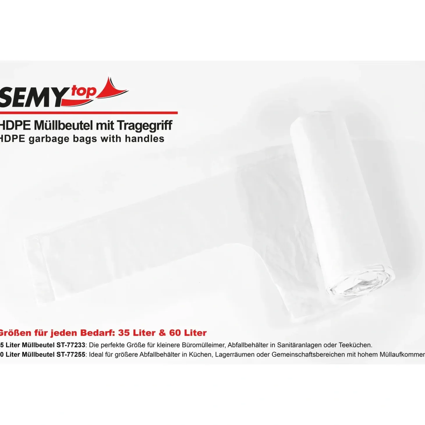 SEMYtop HDPE Müllbeutel mit Tragegriff 35 Liter, weiß, 14 my (Typ extra)
