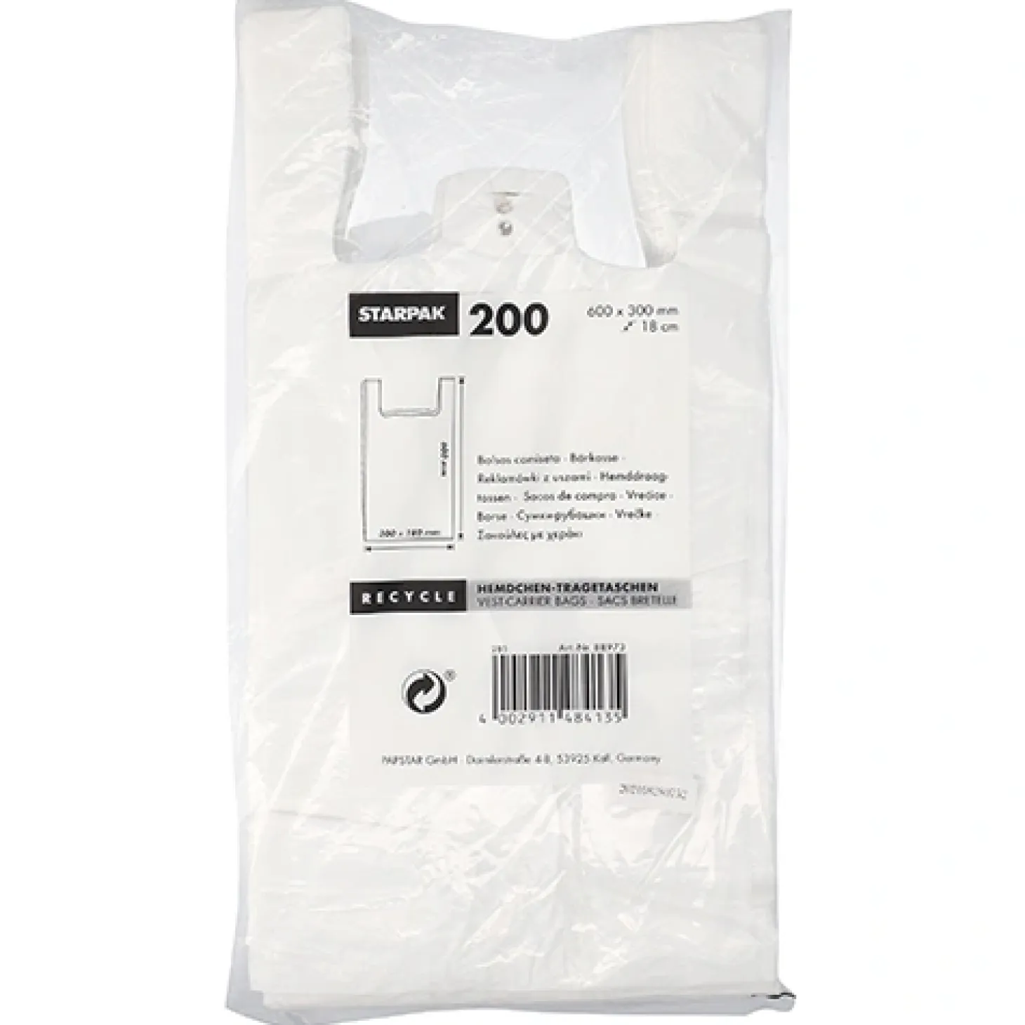 Starpak Hemdchen-Tragetaschen, HDPE 60 cm x 30 cm x 18 cm weiß
