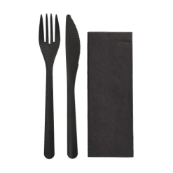 Starpak Mehrweg-Bestecksets PP-MF 22 cm schwarz : Messer, Gabel, Serviette in Folienbeutel, 10 x 50 Stück