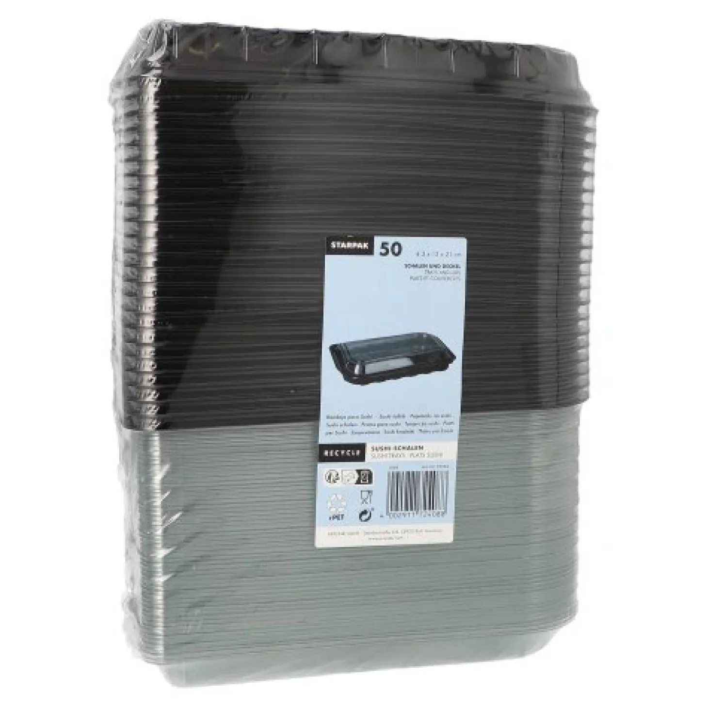 Starpak Sushi-Schalen R-PET rechteckig 21 cm x 13 cm x 4,3 cm schwarz mit transparentem Deckel