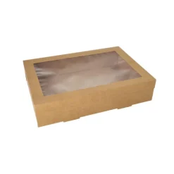 Starpak Transport- und Catering-Kartons, Pappe eckig 8 cm x 25,2 cm x 35,9 cm braun mit separatem Deckel und Sichtfenster aus PET