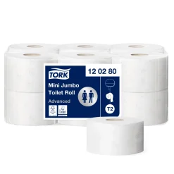 Tork 120280 Advanced Toilettenpapier Mini Jumbo Großrolle T2 weiß 2-lagig, 850 Blatt