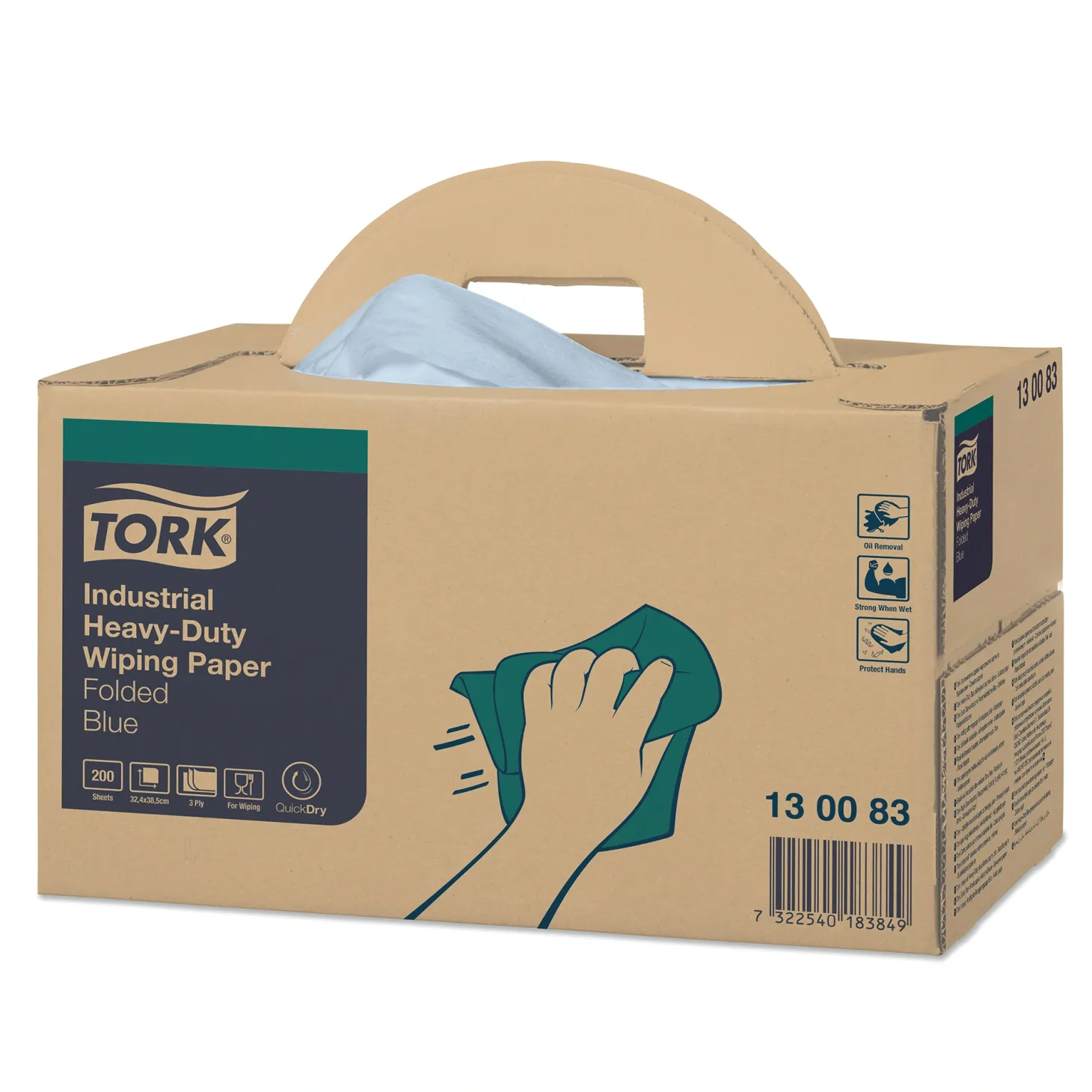Tork 130083 Premium extra-starke Industrie-Papierwischtücher W7 blau 3-lagig, 38,5 x 32,4 cm, 200 Tücher