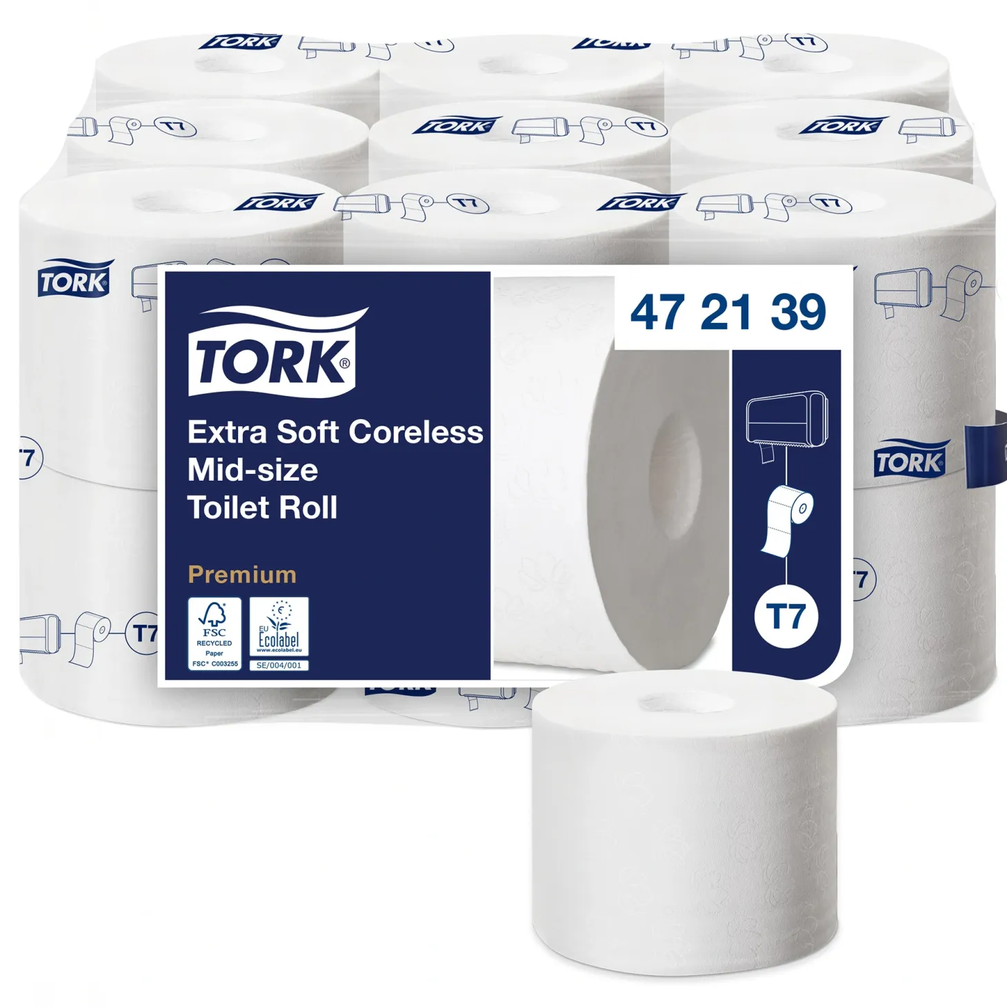 Tork 472139 Premium extra weiches hülsenloses Midi Toilettenpapier T7 3-lagig 63,3 Meter