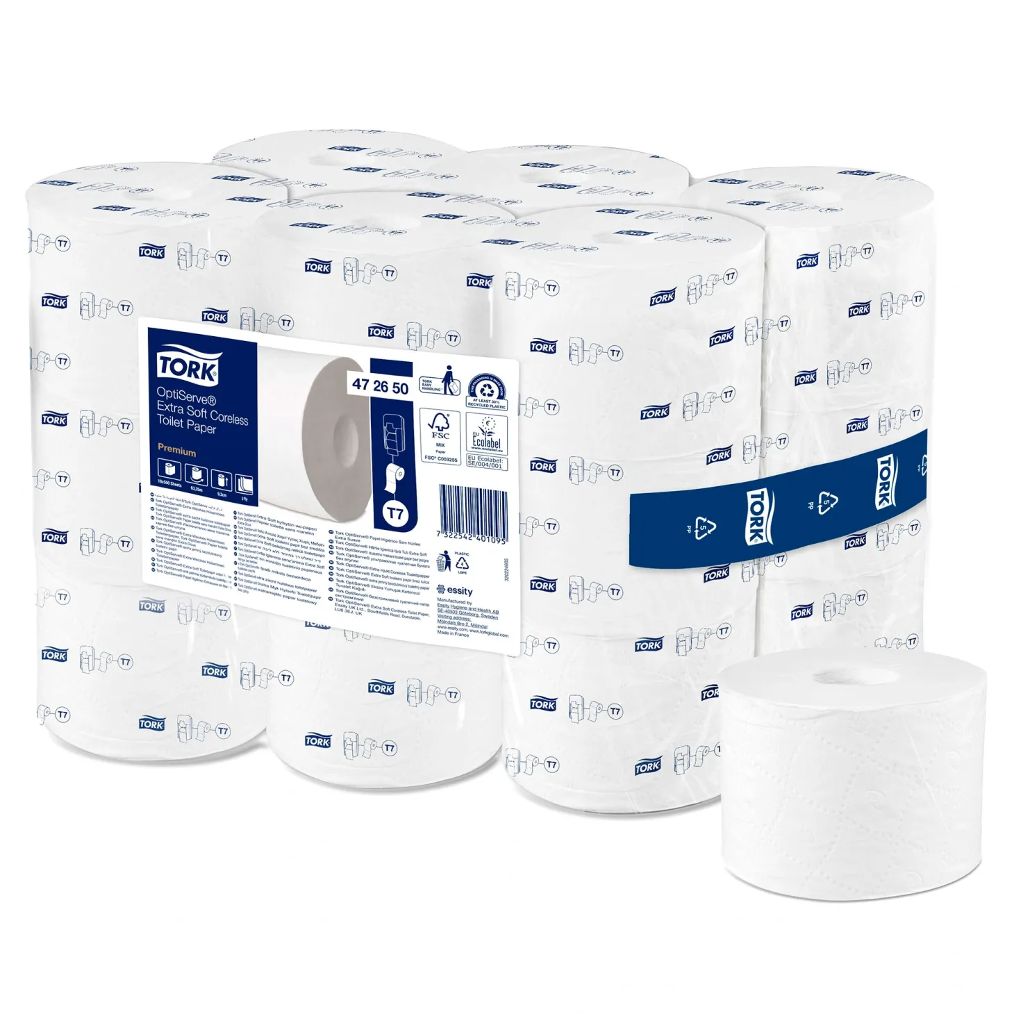 Tork 472650 Premium OptiServe Extra-Weiches Toilettenpapier Midi-Rolle Zellstoff hülsenlos T7 3-lagig 550 Blatt