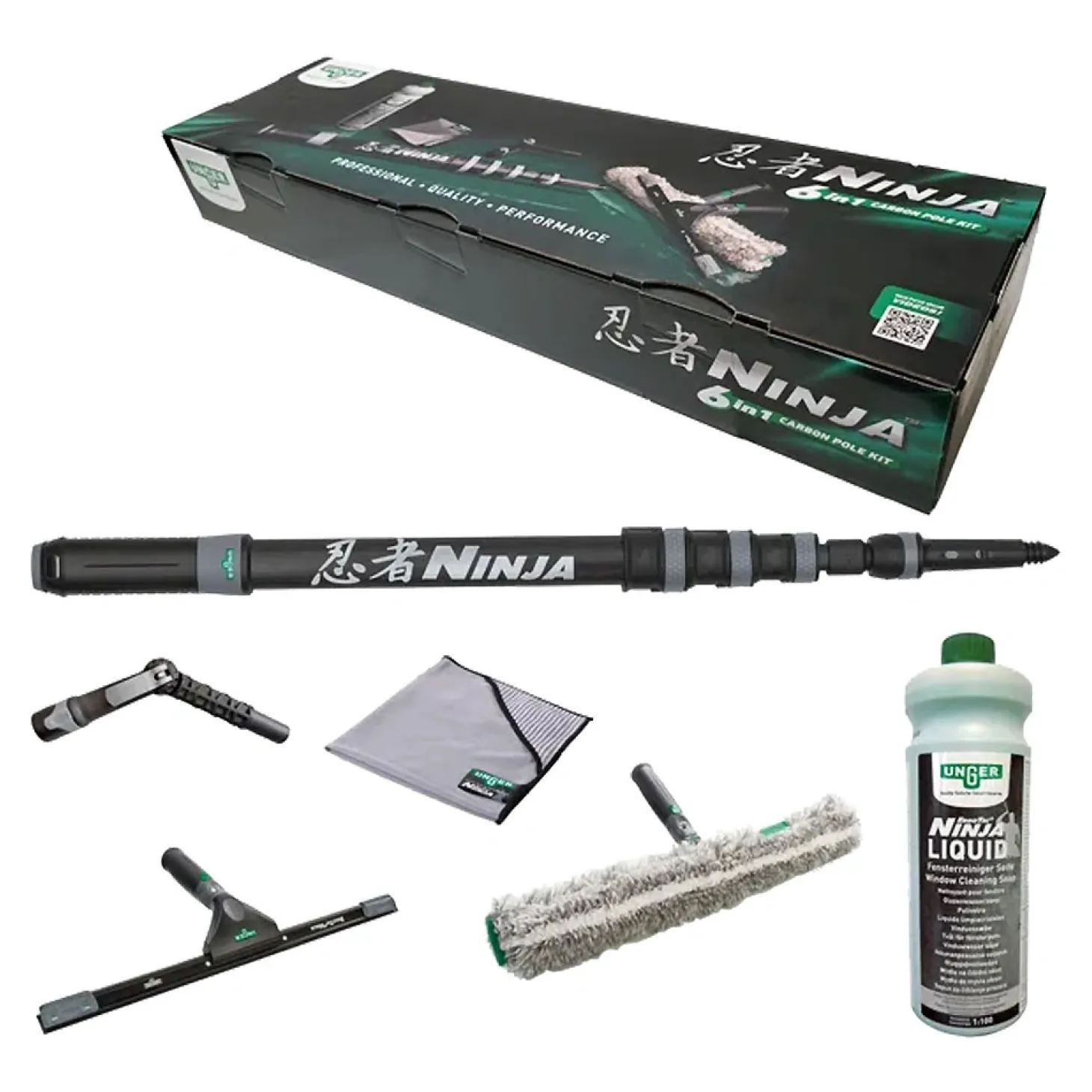 Unger ErgoTec Ninja 6in1 Carbon-Stangen-Glasreinigungsset, 6-teilig