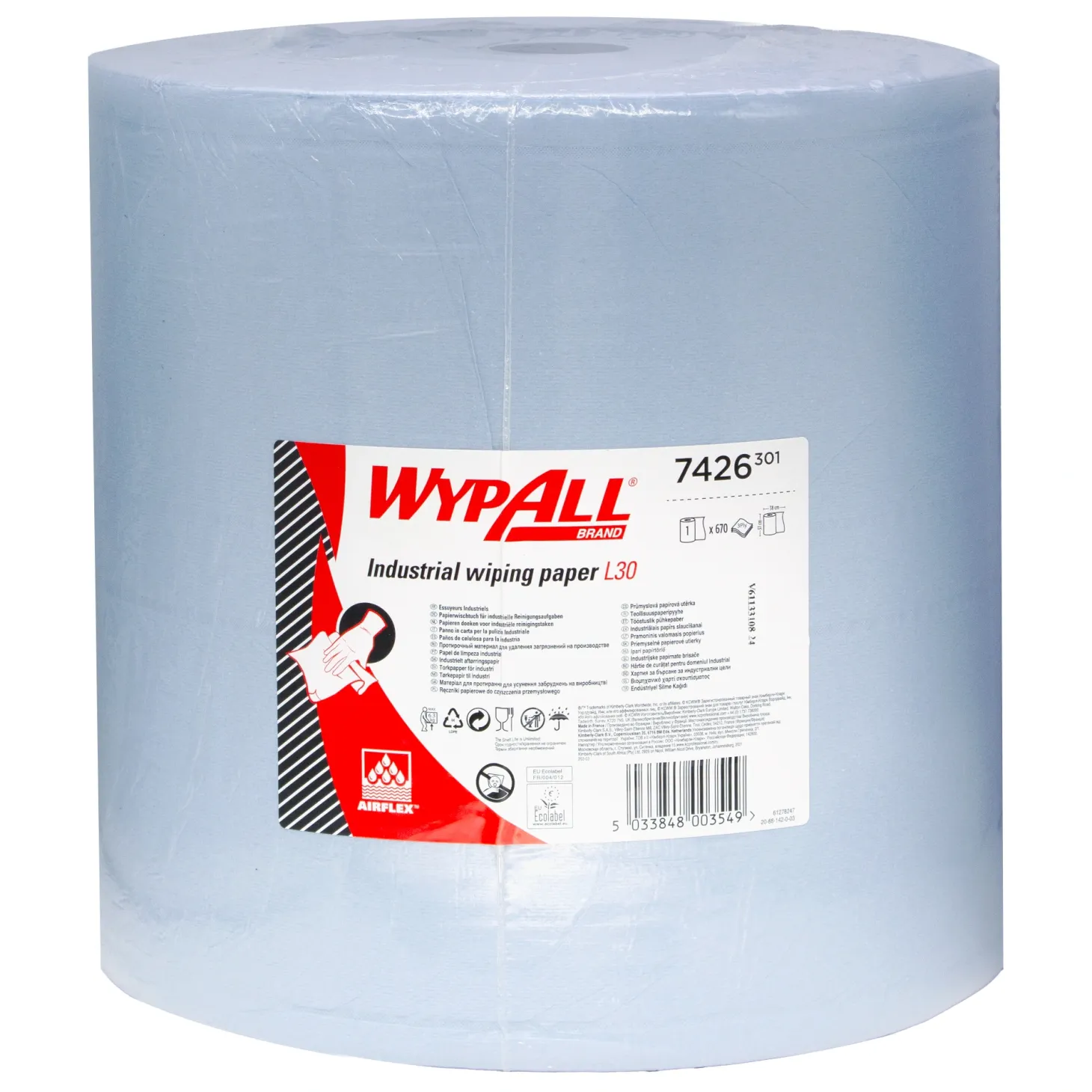 WypAll 7426 Papierwischtücher L30 extra breit Jumbo Großrolle blau 3-lagig, 37 cm breit, 670 Tücher